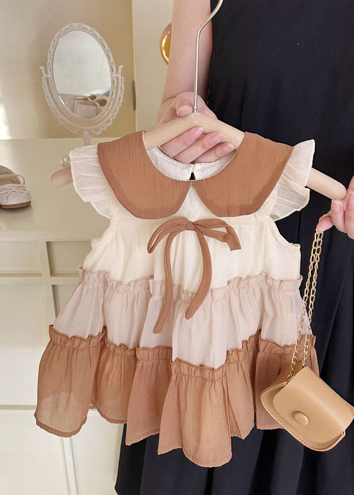 Khaki Peter Pan Collar Ruffled Chiffon Kids Dress Summer