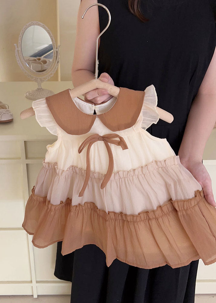 Khaki Peter Pan Collar Ruffled Chiffon Kids Dress Summer