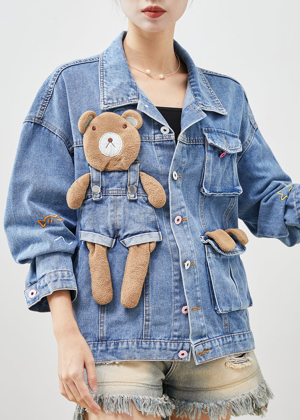 Light Blue Bear Oversized Denim Coats Spring
