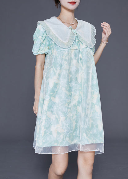 Light Blue Bow Collar Print Tulle a Line Dress Summer