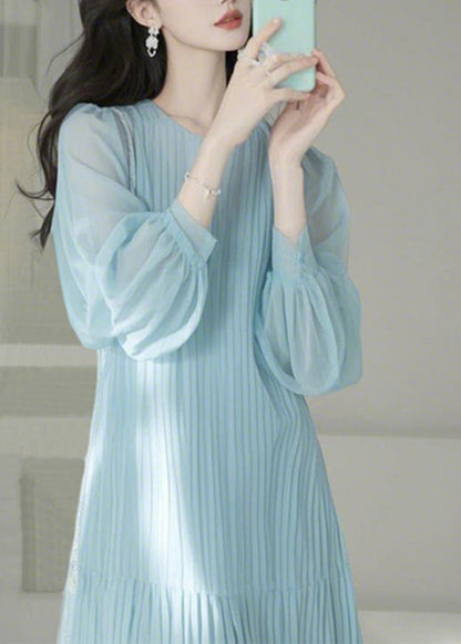 Light Blue O-neck Cinched Maxi Dresses Spring