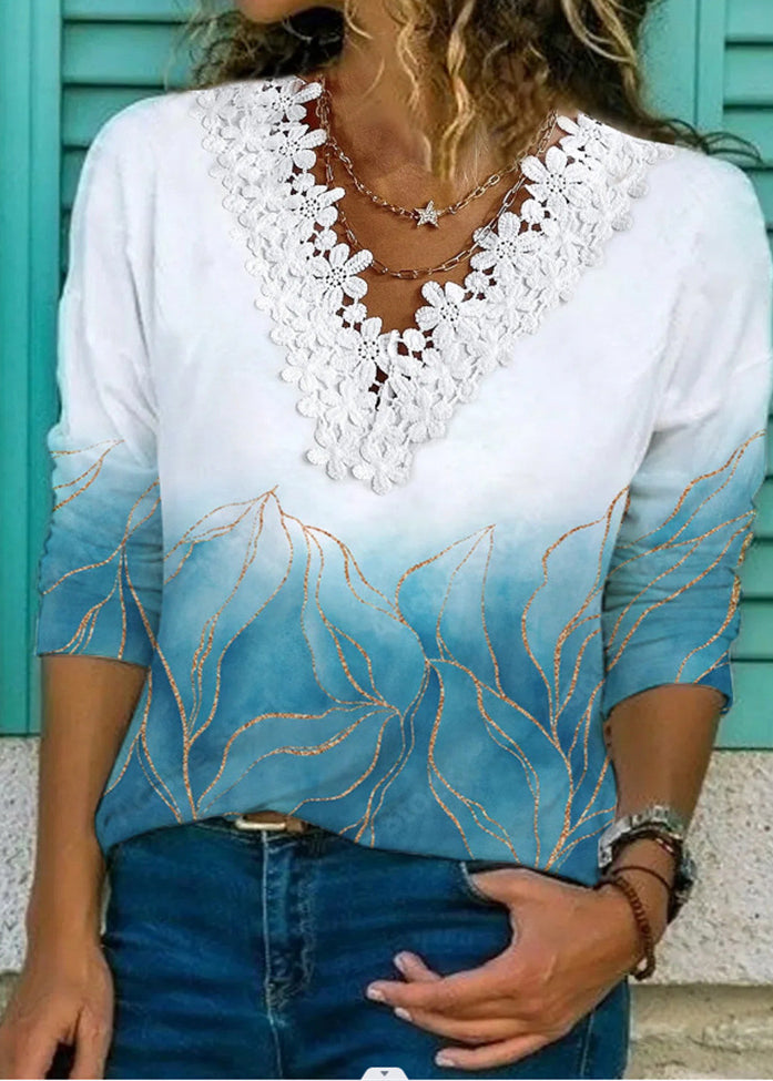 Light Blue V Neck Lace Patchwork Print T Shirt Long Sleeve