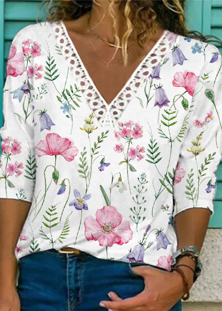 Light Blue V Neck Lace Patchwork Print T Shirt Long Sleeve
