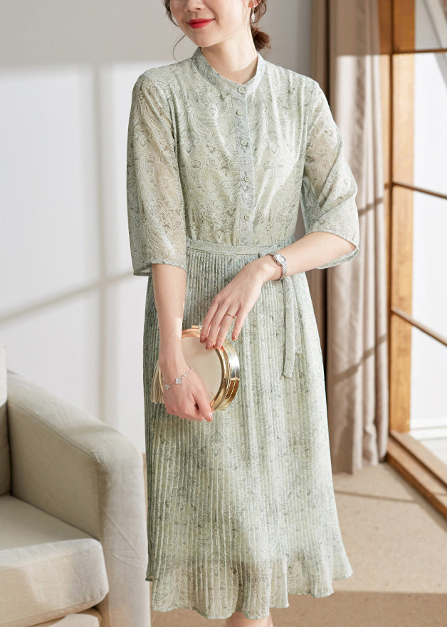 Light Green Print Button Tie Waist Chiffon Holiday Maxi Dress Summer