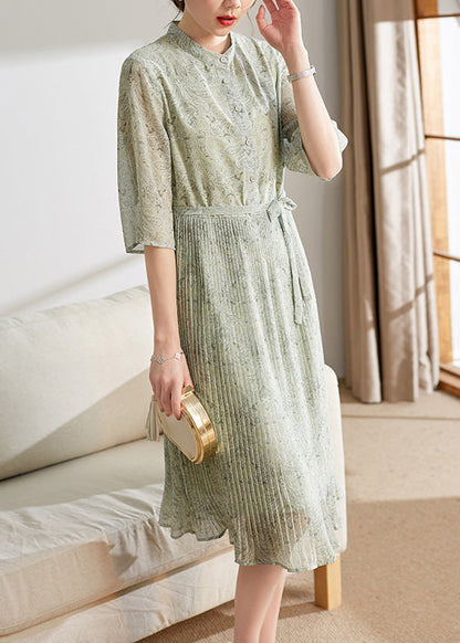 Light Green Print Button Tie Waist Chiffon Holiday Maxi Dress Summer
