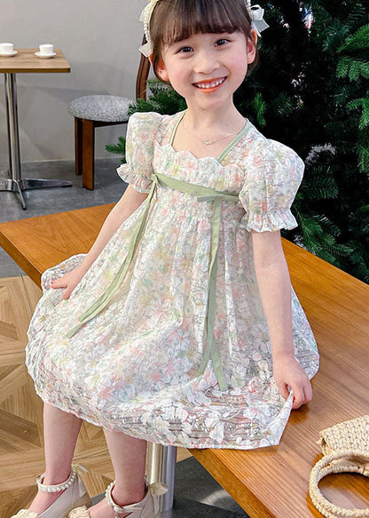 Light Green Print Patchwork Tulle Kids Dresses Summer