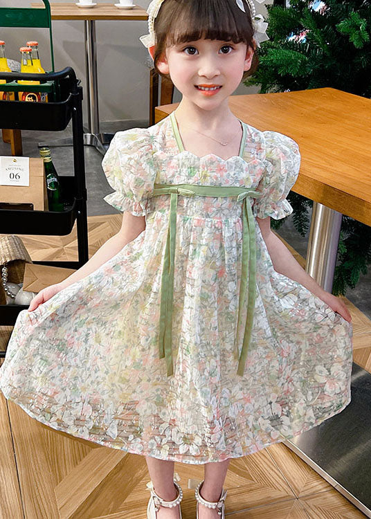 Light Green Print Patchwork Tulle Kids Dresses Summer
