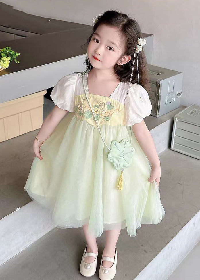 Light Green Square Collar Patchwork Tulle Kids Long Dresses Short Sleeve