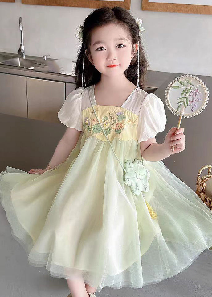 Light Green Square Collar Patchwork Tulle Kids Long Dresses Short Sleeve