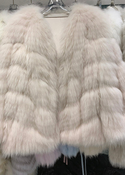 Light Pink V Neck Patchwork Leather and Fur Coats Winter