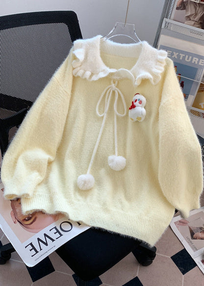 Light Yellow Ruffled Warm Knit Sweater Tops Winter