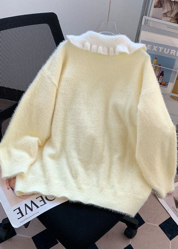 Light Yellow Ruffled Warm Knit Sweater Tops Winter