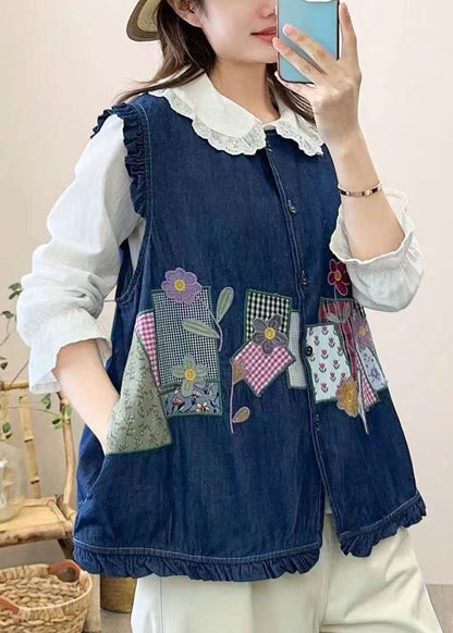 Navy Embroidered Patchwork Button Waistcoat Sleeveless