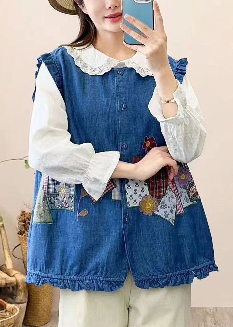 Navy Embroidered Patchwork Button Waistcoat Sleeveless