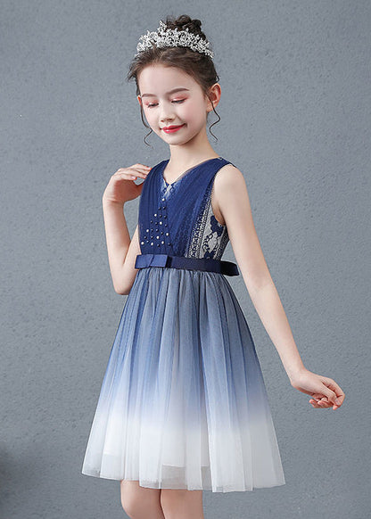 Navy V Neck Nail Bead Gradient Color Tulle Baby Maxi Dress Summer