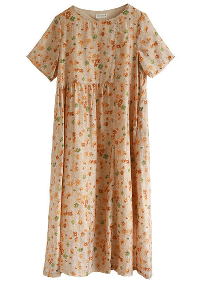 O-neck Cinched Button Print Long Dresses Short Sleeve