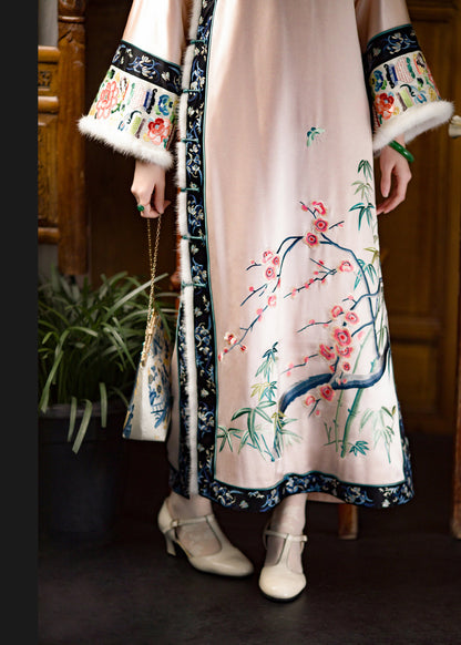 O-neck Embroideried Thick Silk Cheongsam Long Sleeve
