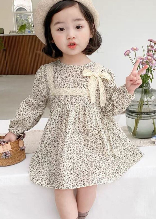 O-neck Print Lace Patchwork Bow Mid Dress Long Sleeve