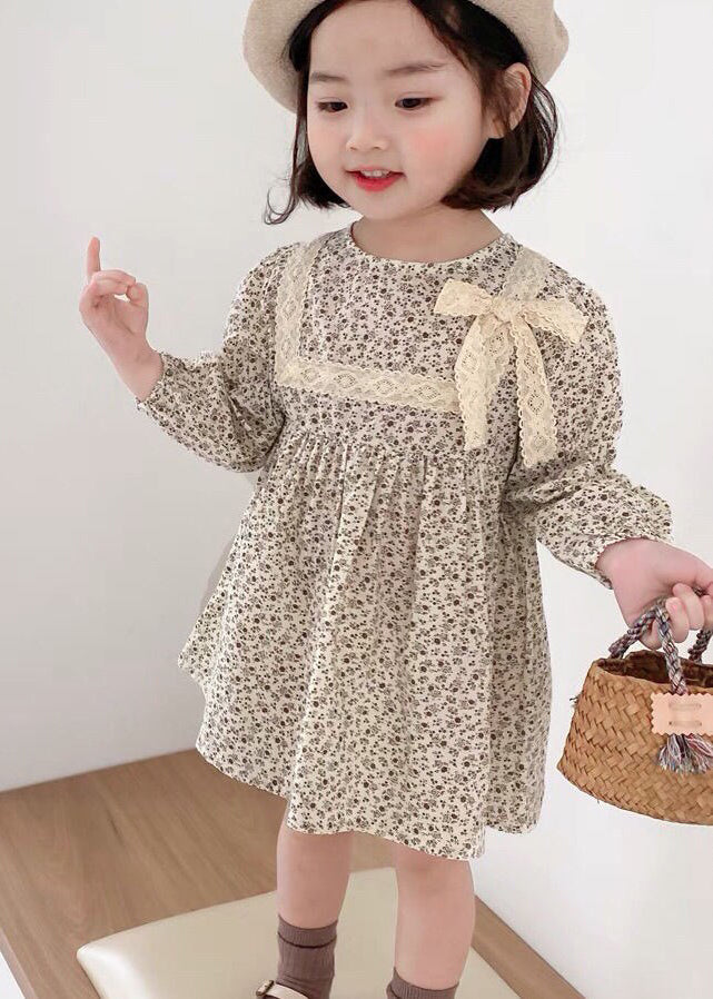 O-neck Print Lace Patchwork Bow Mid Dress Long Sleeve