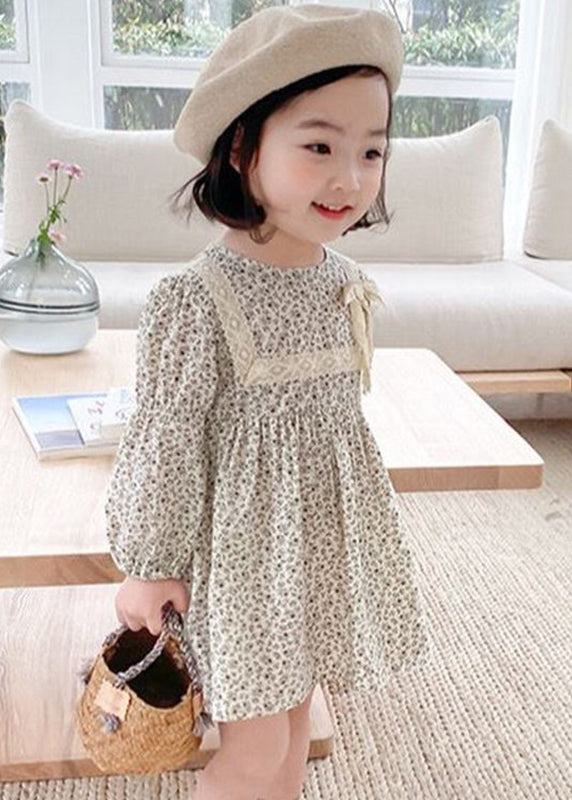 O-neck Print Lace Patchwork Bow Mid Dress Long Sleeve