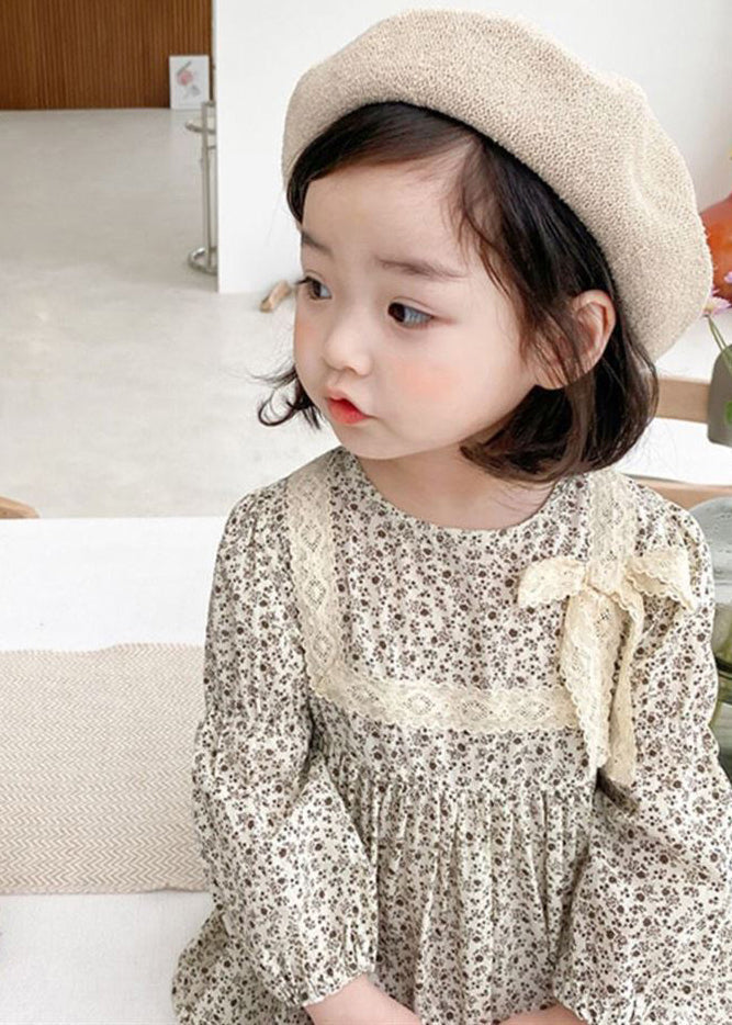 O-neck Print Lace Patchwork Bow Mid Dress Long Sleeve