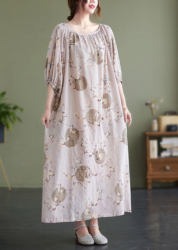 O-neck Print Wrinkled Holiday Maxi Dress Puff Sleeve