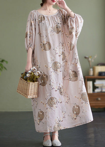 O-neck Print Wrinkled Holiday Maxi Dress Puff Sleeve