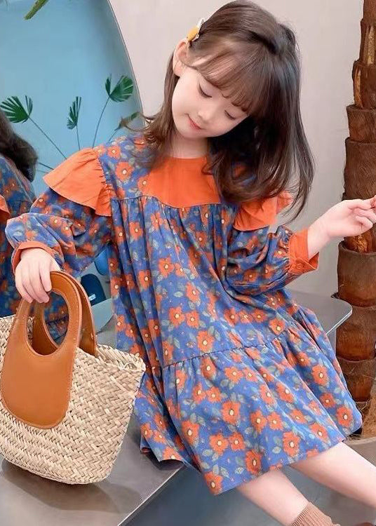 Orange O Neck Print Patchwork Cotton Dress Fall
