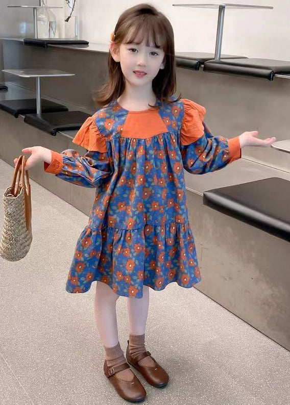 Orange O Neck Print Patchwork Cotton Dress Fall