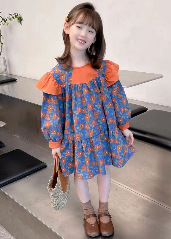 Orange O Neck Print Patchwork Cotton Dress Fall