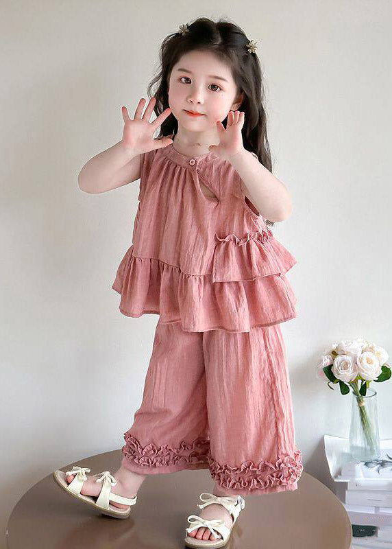 Pink Asymmetrical Hollow Out Top and Wide Leg Pants Two Pieces Set Summer