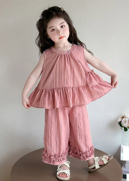 Pink Asymmetrical Hollow Out Top and Wide Leg Pants Two Pieces Set Summer