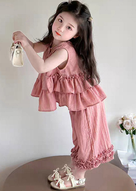 Pink Asymmetrical Hollow Out Top and Wide Leg Pants Two Pieces Set Summer