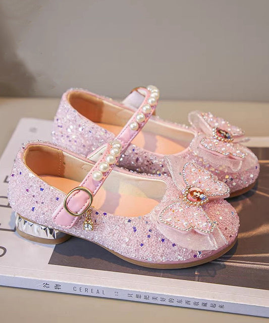 Pink Bow Zircon Nail Bead Buckle Strap Kids Princess Shoes
