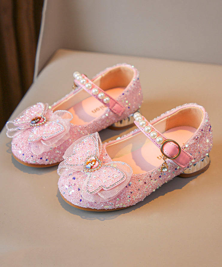 Pink Bow Zircon Nail Bead Buckle Strap Kids Princess Shoes