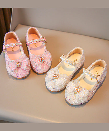 Pink Bow Zircon Nail Bead Buckle Strap Kids Princess Shoes