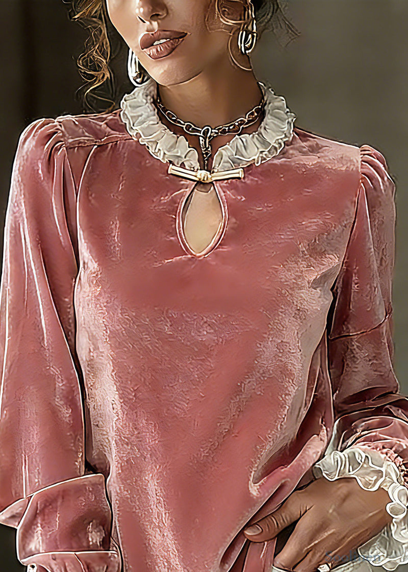 Pink Cinched Patchwork Silk Velour Shirt Petal Sleeve