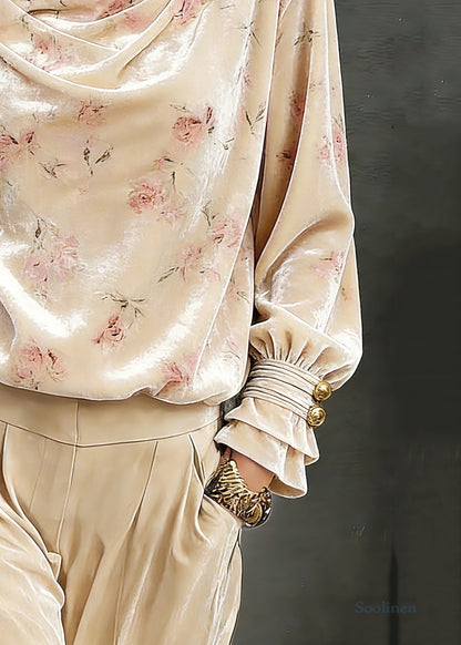 Cute Pink Draped Necklin Print Silk Velour Shirts Lantern Sleeve