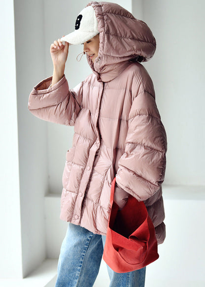 Pink Drawstring Zippered Button Low High Design Hooded Duck Down Filled Down Coat Winter