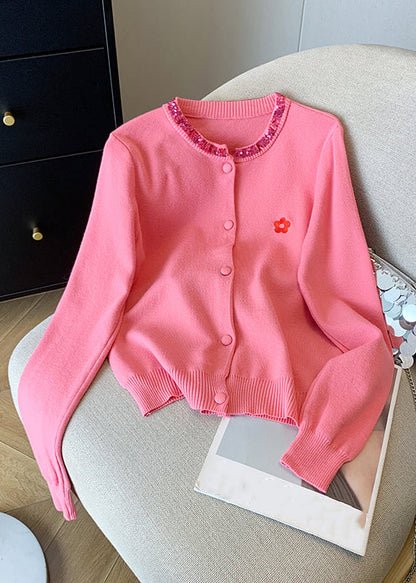Pink Embroidered Sequins Cotton Knit Cardigans Spring