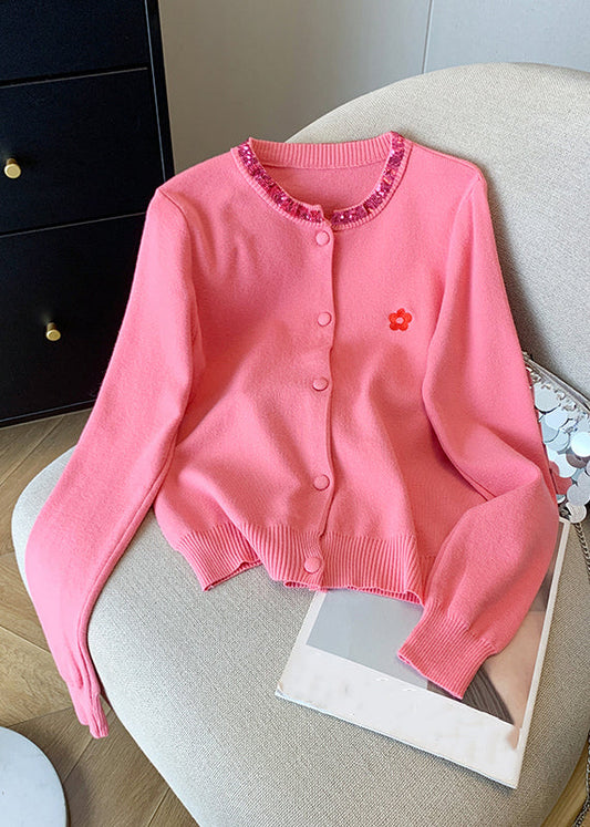Pink Embroidered Sequins Cotton Knit Cardigans Spring