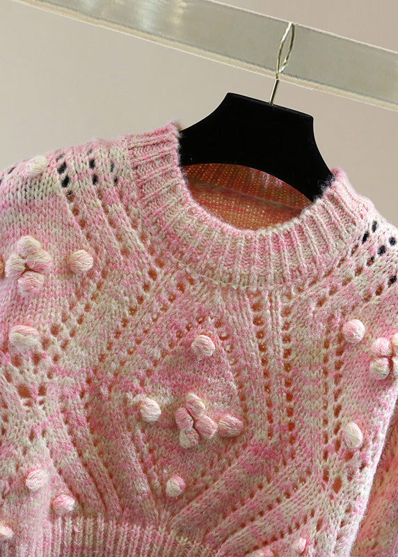 Pink Embroidered Hollow Out Cotton Knit Sweater Winter