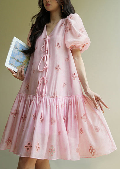 Pink Embroidered Tie Lace Mid Dress Summer