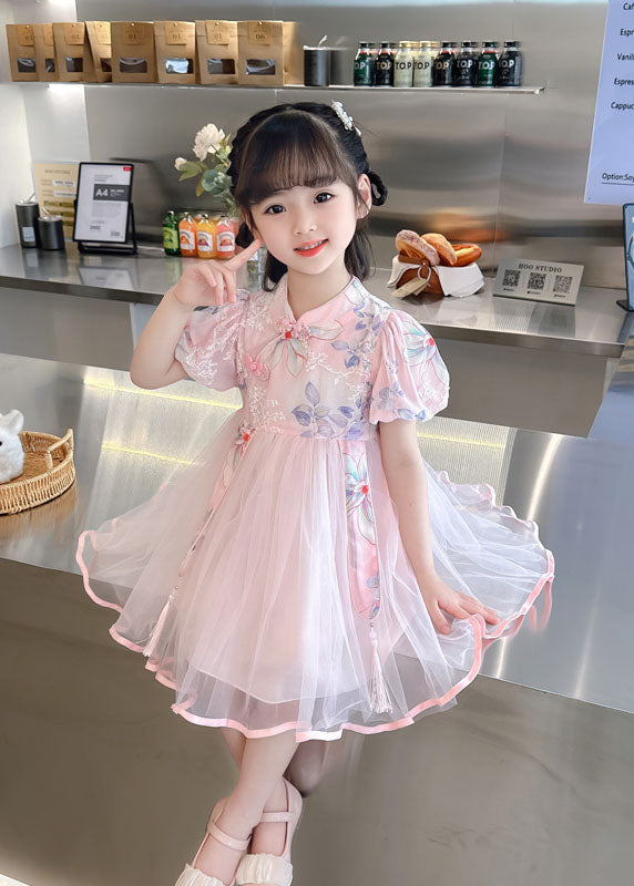 Pink Embroideried Chinese Button Patchwork Tulle Baby Dresses Summer