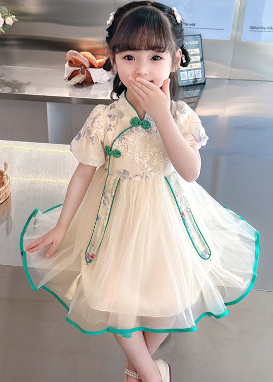 Pink Embroideried Chinese Button Patchwork Tulle Baby Dresses Summer