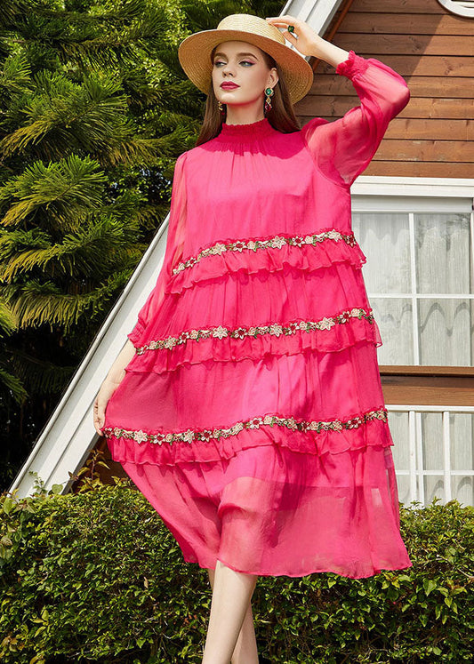 Pink Embroidered Patchwork Wrinkled Silk Long Dress Long Sleeve