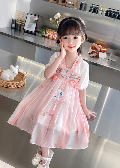 Pink Embroideried Patchwork Bow Chiffon Kids Maxi Dress Summer