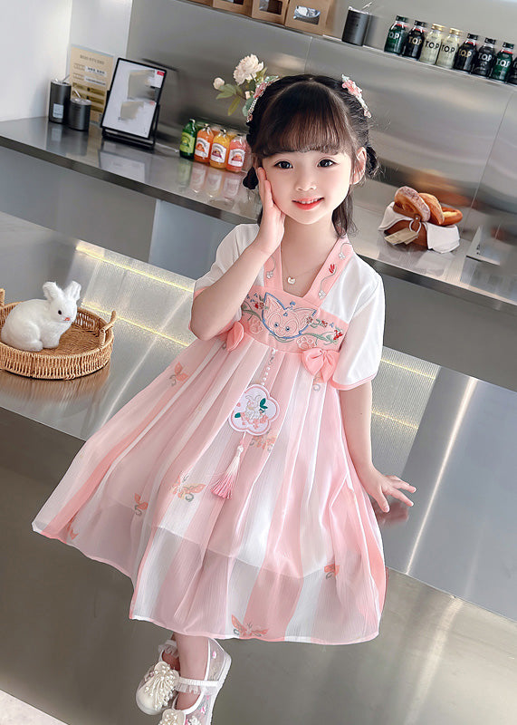 Pink Embroideried Patchwork Bow Chiffon Kids Maxi Dress Summer