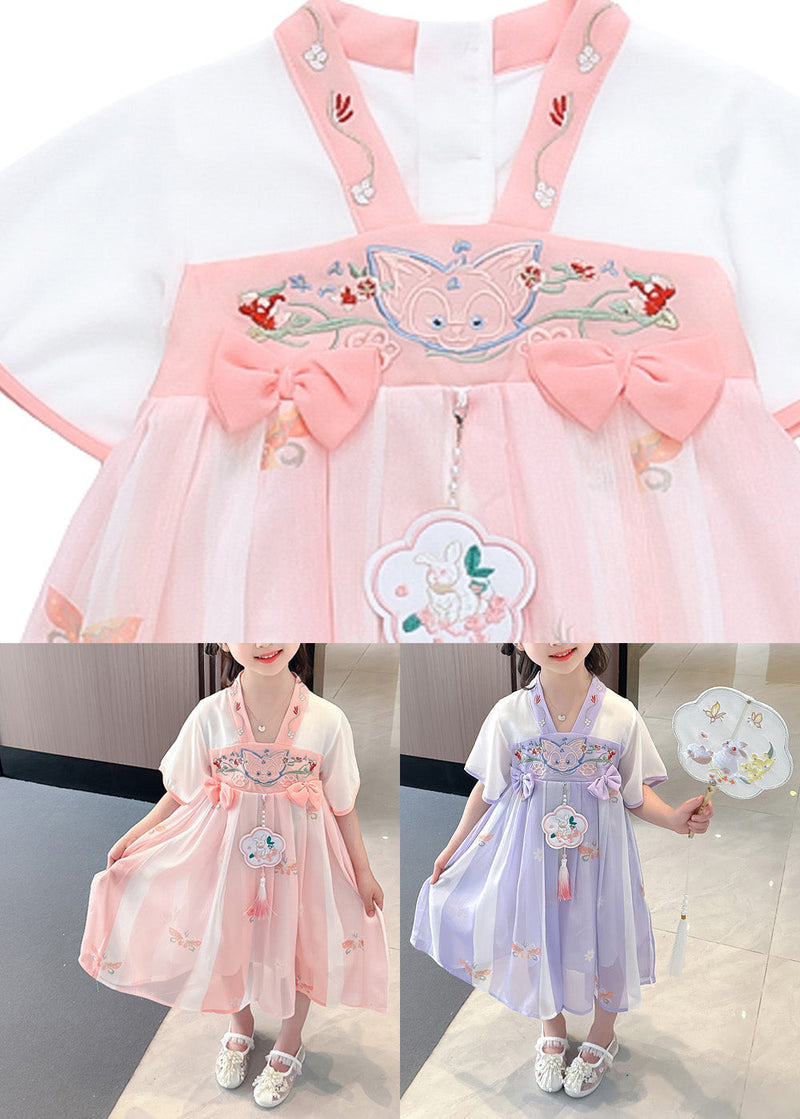 Pink Embroideried Patchwork Bow Chiffon Kids Maxi Dress Summer