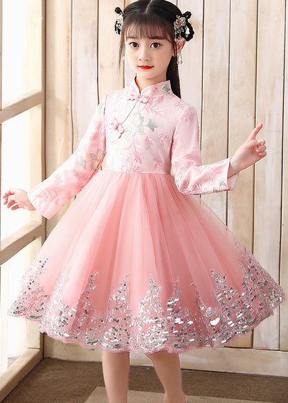 Pink Embroideried Patchwork Tulle Long Dress Fall